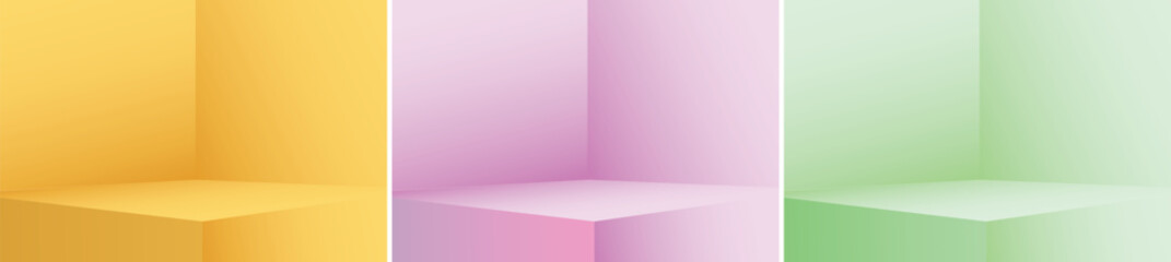 Interior corner wall room yellow pink Green 3d background of abstract empty product studio showroom display and blank presentation podium pedestal platform perspective table backdrop.