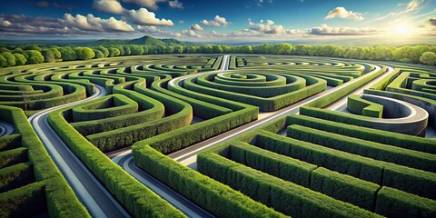 Aerial View of a Lush Green Maze with Winding Paths, Sunlit Sky, and Distant Hills, maze, garden, landscape,
