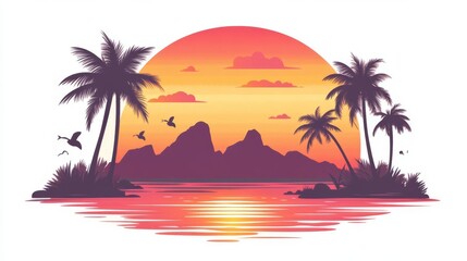 Sunset over tropical landscape with silhouetted palm trees, mountains, and birds flying. Vibrant colors reflect on the serene water surface.