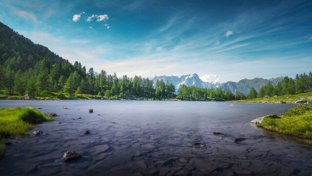The Arpy Lake and the Mont Blanc massif in the background. Aosta Valley, Italy
