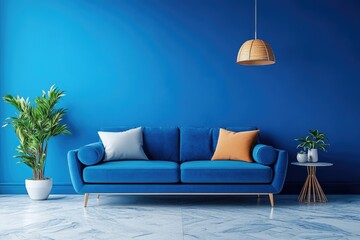 Modern Living Room Interior with Stylish Blue Sofa and Contemporary Decor