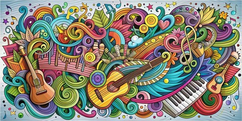 Naklejka premium Colorful Music Doodle, Guitar, Keyboard, Musical Notes , doodle, music, art