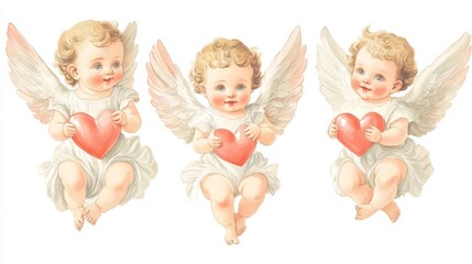 Three adorable cherubs with wings holding red hearts, perfect for Valentine's Day, greeting cards, or romantic decorations.