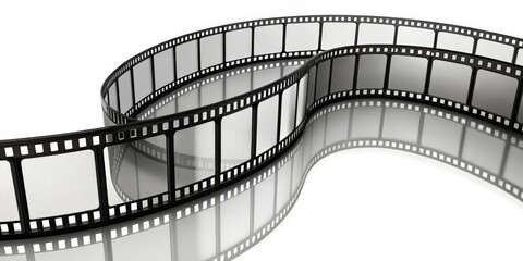 Fototapeta premium Curved Filmstrip with Reflection - A Classic Movie Frame on White Background, filmstrip, movie, film