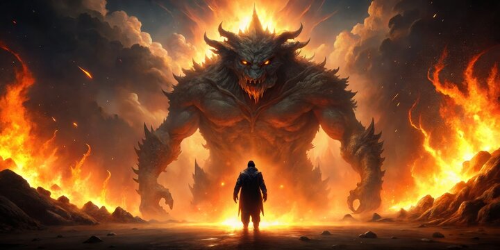 Facing the Inferno A lone figure stands before a massive, fiery demon, Digital Art, Fantasy, Monster, Fire, Courage