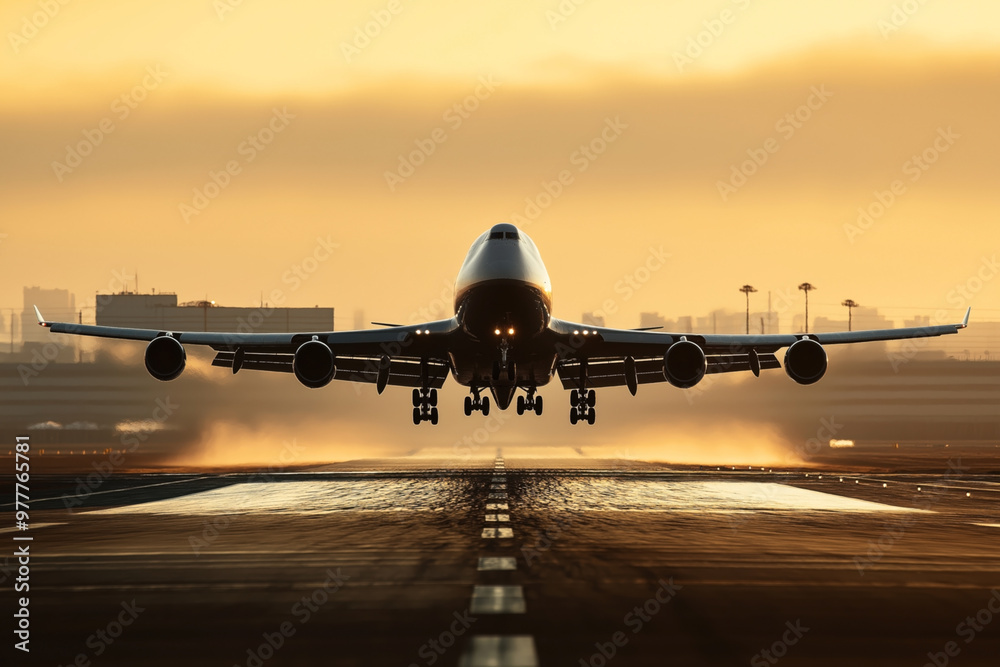 Canvas Prints Large commercial aircraft taking off from a runway at sunrise, with airport infrastructure and cityscape silhouetted against the morning sky.