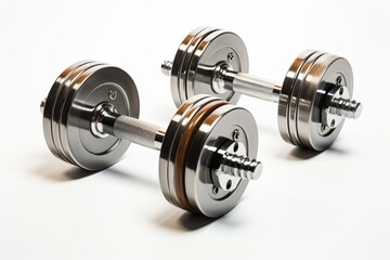 A pair of shiny, metallic dumbbells resting on a white background, ideal for fitness enthusiasts and gym-related themes.