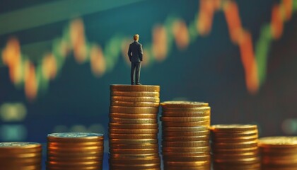 Miniature figure on coin stack analyzing stock market trends for business investment growth