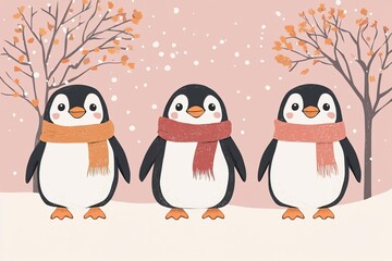 Fototapeta premium Three adorable cartoon penguins wearing colorful scarves, set against a snowy backdrop with winter trees. Perfect for holiday themes.