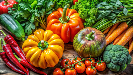 A colorful assortment of freshly harvested vegetables lays on a wooden table, showcasing bright pumpkins, carrots, and various greens in an outdoor setting
