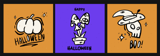 A set of 3 square Halloween-themed illustrations. Covers with doodles of pumpkin and mushrooms and witch scull. Vector illustration with texture and purple and orange colors.