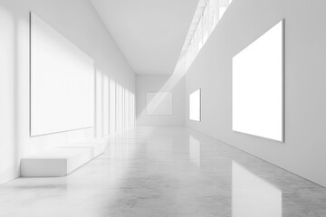 Obraz premium Bright White Gallery Interior with Empty Poster Walls and Contemporary Design