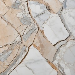 close-up view of a marble surface. The marble features a complex pattern of veins and cracks in various shades of white, beige, and light brown, with occasional hints of blue and grey