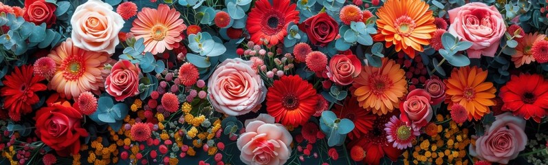 Fototapeta premium Brightly colored flowers, plant background, banner