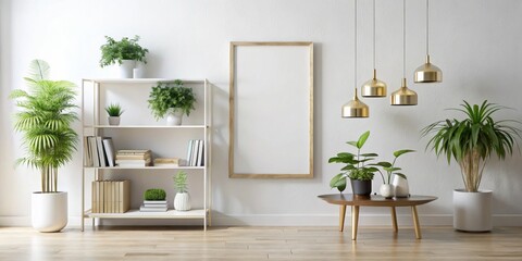 Minimalist Living Room with White Shelf, Wooden Floor and Gold Accents, interior design, living room, home decor