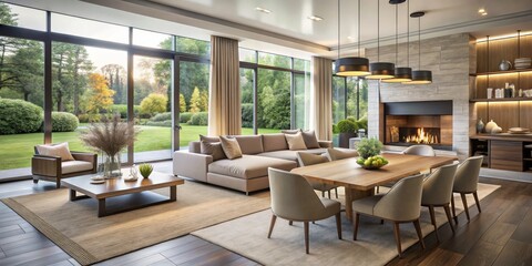 Modern Living Room with Large Windows and Fireplace, Natural Light, Interior Design, Luxury Home, fireplace, livingroom, interior design
