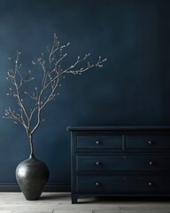 Elegant Blue Winter Room Decor with Classic Chest of Drawers and Festive Tree Branch in Vase