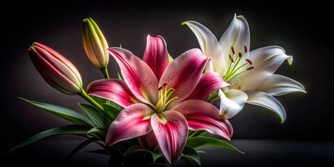 Fototapeta premium Pink and White Lilies on Black Background, Close-up, Floral, Bloom, Beauty