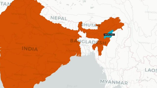  Nagaland map animated video. Map Highlighted on the India map with animation and color with Gray background in video format.Nagaland map.