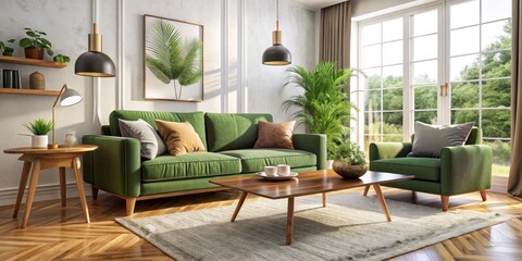 Fototapeta premium Sunlight Through Window in Modern Living Room with Green Sofa and Accent Chair, Interior Design, Home Decor, Living Room
