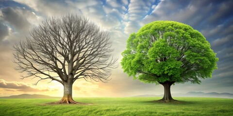 The Contrast of Life and Death, Two Trees, One Bare and One Lush, Represent Rebirth and Renewal, Nature ,Life Cycle, Rebirth