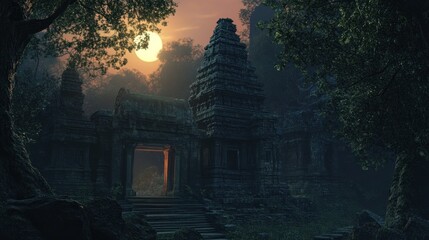 Obraz premium Ancient Stone Temple Entrance with a Full Moon in the Sky
