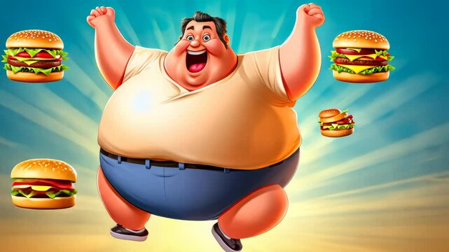 Enthusiastic fat man celebrating with flying junk food