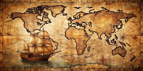 Naklejka premium Vintage World Map with Sailing Ship, Grunge, Treasure, Exploration, Nautical, Adventure, Journey