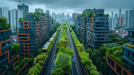 A sustainable smart city with green buildings, clean energy, and eco-friendly architecture promoting environmental responsibility and urban sustainability.