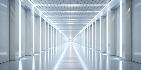 Naklejka premium White Corridor Perspective, 3D Rendering, Futuristic Architecture, Light and Shadows, Clean Lines, Minimalist, Modern