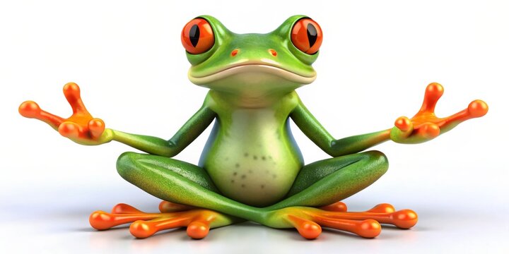 Zen Frog in Lotus Pose 3D Rendered Illustration of a Green Frog Practicing Yoga, meditation, frog, yoga