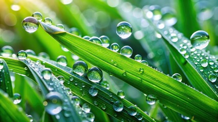 Close-up of fresh green grass blades covered in dew droplets after a rain shower, macro shot emphasizing the eco-friendliness of nature
