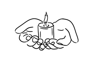 Candle in hands prayer. a religious symbol of faith in God. hand drawn. Not AI, Vector illustration