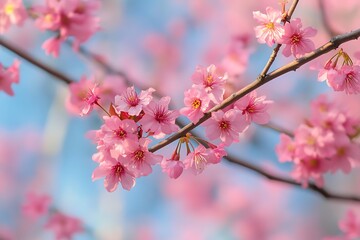 Closeup of delicate pink cherry blossom flowers in full bloom against a blue and white blurred background
