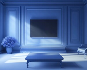 Blue Living Room Interior with Retro TV Cabinet and Modern Furniture