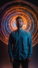 Naklejka premium A man in a glowing orb as he passes through a colorful space. The scene suggests an introspective trip influenced by DMT or LSD.