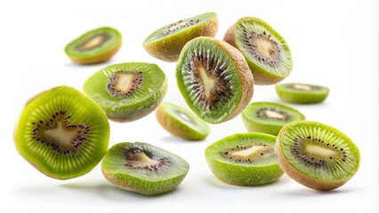 Fototapeta premium A vibrant display of fresh green kiwifruit slices floating in the air, showcasing their unique texture and colorful interior against a clean white backdrop