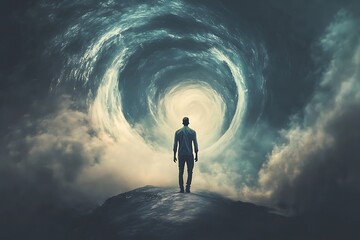 Man Standing at the Edge of a Surreal Vortex, Fantasy, Mystical, Abstract Art