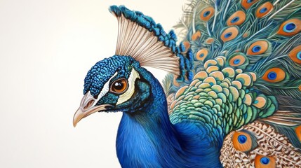 Fototapeta premium Vibrant close-up shot of a peacock displaying its colorful feathers in intricate detail, showcasing nature's beauty and elegance.