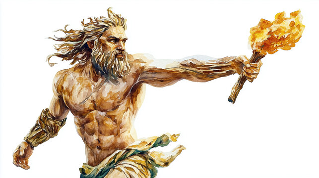 watercolor illustration of Prometheus holding torch on white background