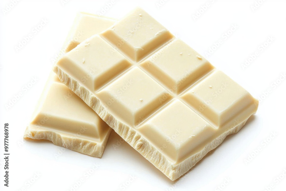 Wall mural White chocolate bar isolated on background, sweet milk chocolate squares, Dessert confectionery menu.