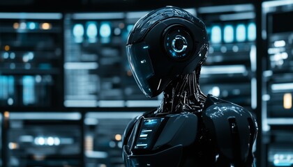 Dynamic photography featuring an analytics robot set against a modern digital background