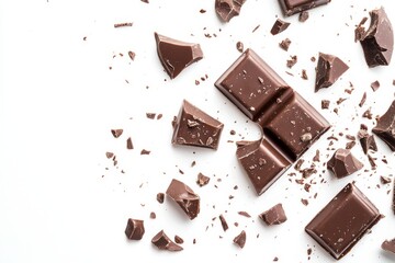 Isolated on a white background, a broken chocolate bar with chunks floating in the air. This is a...