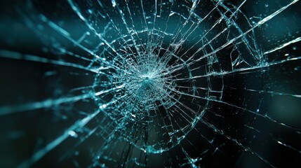 Detailed close-up of a spider's web broken glass with a central hole