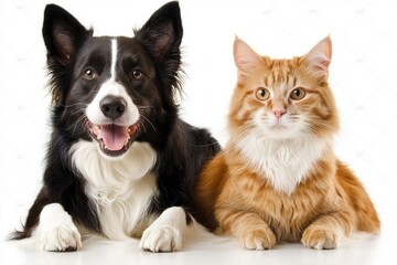 The portrait shows a happy dog and cat looking at the camera together, isolated on a transparent background, showing a friendship between the two animals, an amazing friendship between the two.