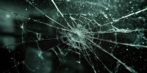 Detailed close-up of a spider's web broken glass with a central hole