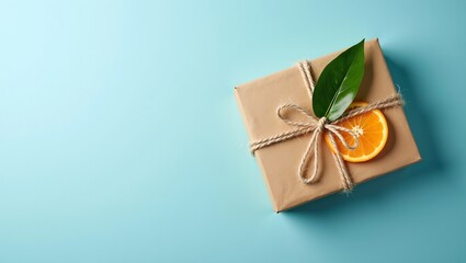 Eco friendly gift box with orange leaf on blue background