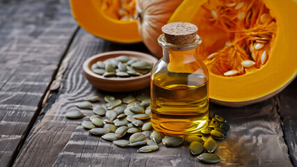 Bottle of golden pumpkin seed oil with fresh pumpkin and seeds on rustic wooden background. Natural ingredient for cooking, health supplements, and skincare. Concept of organic nutrition and wellness