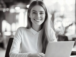 Professional Female Smiling at Camera with Laptop in Office