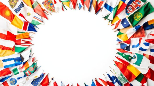 A diverse display of international flags in a circular formation with a white space in the center, symbolizing global unity and cooperation.